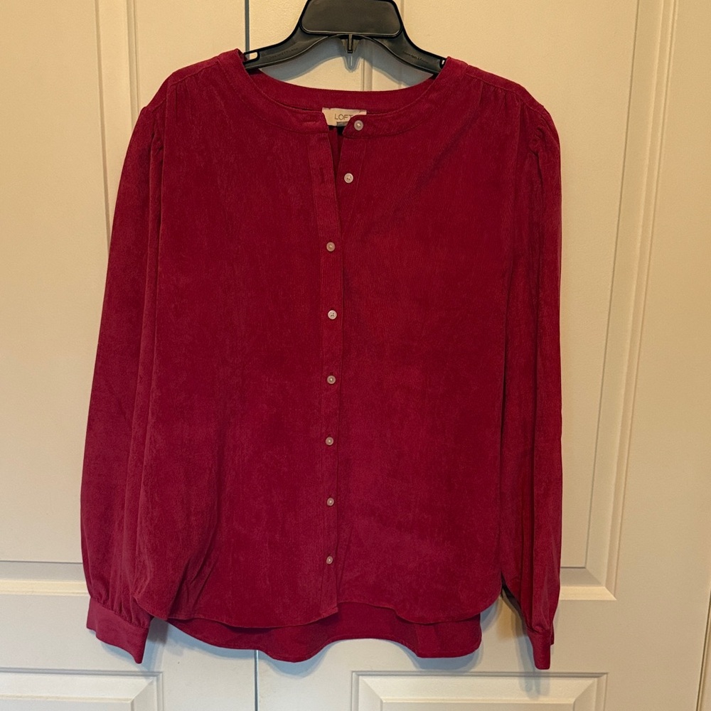 LOFT Red Corduroy Button-Up Blouse